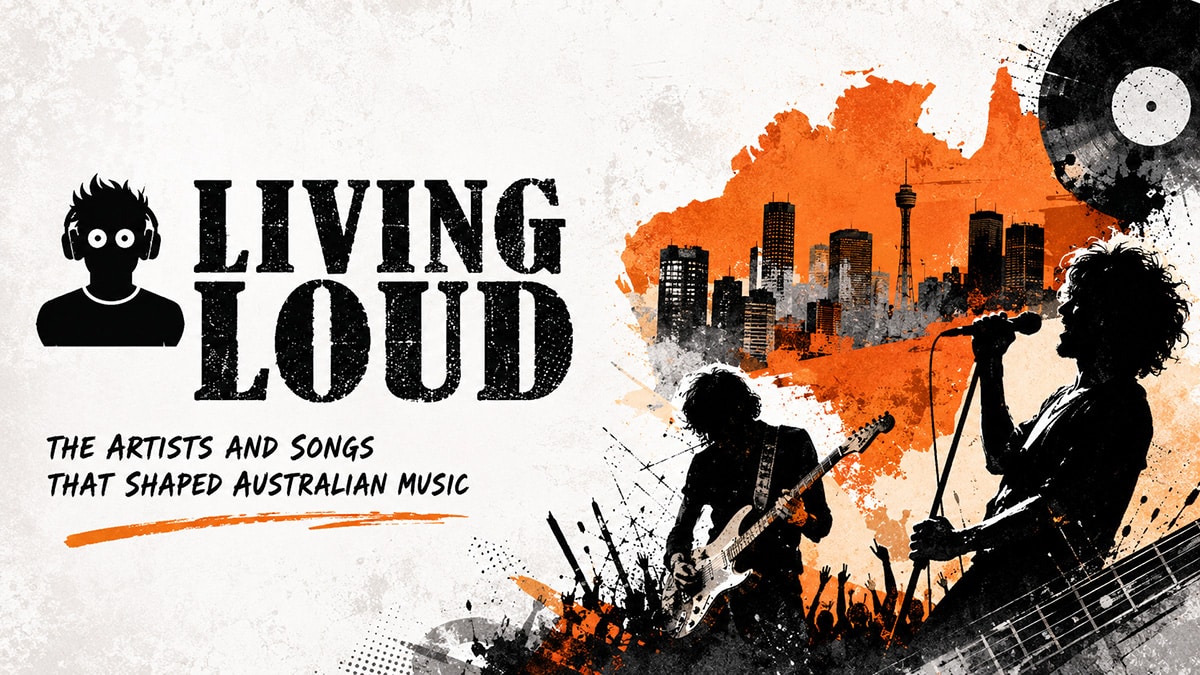 Australian rock music culture with live performers, guitars, crowds, urban imagery, and grunge-inspired concert visuals.