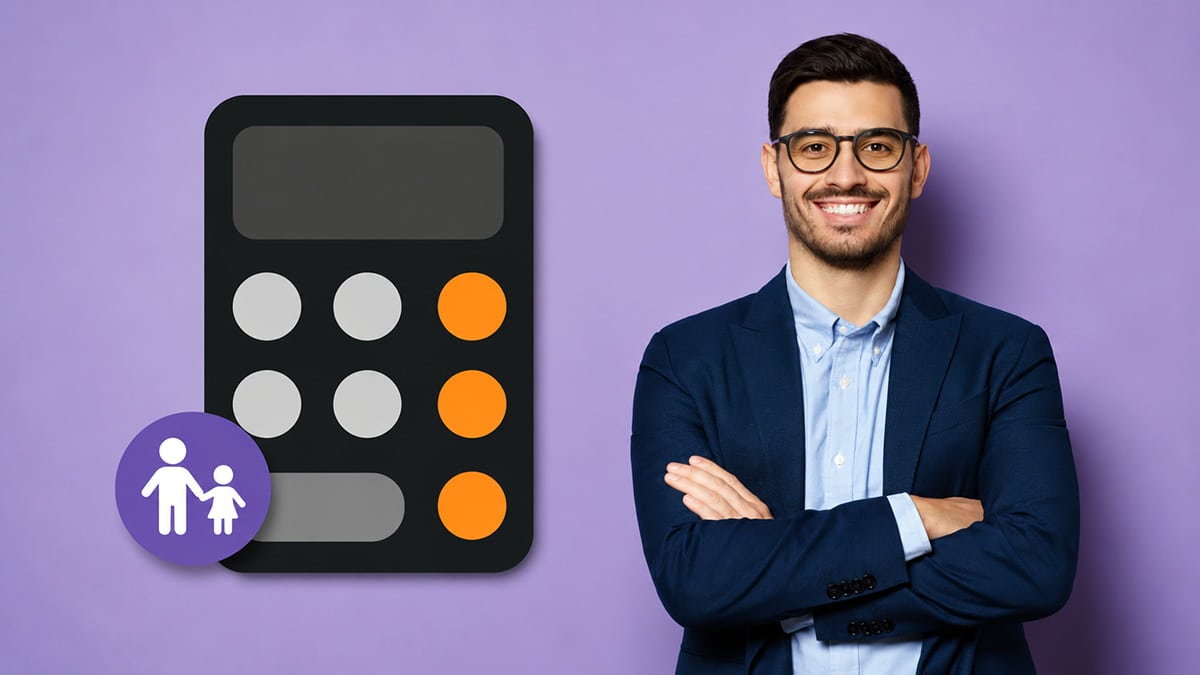 Man standing beside a large calculator graphic representing an online child support calculator in Australia.