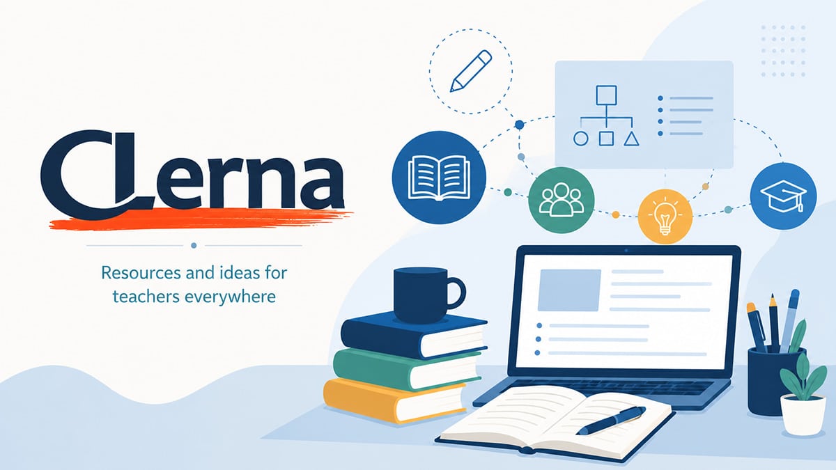 Clerna logo beside illustrated books, a laptop, notebook, and education icons representing teacher resources and classroom ideas.