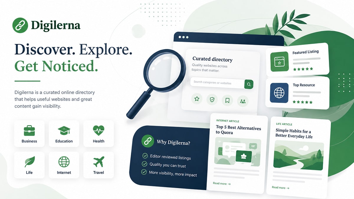 Stylised Digilerna homepage showing directory categories, article cards and website discovery tools
