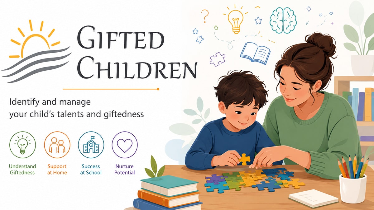 Vector-style feature image showing a parent helping a gifted child learn through puzzles, books, and educational activities in a supportive home environment.