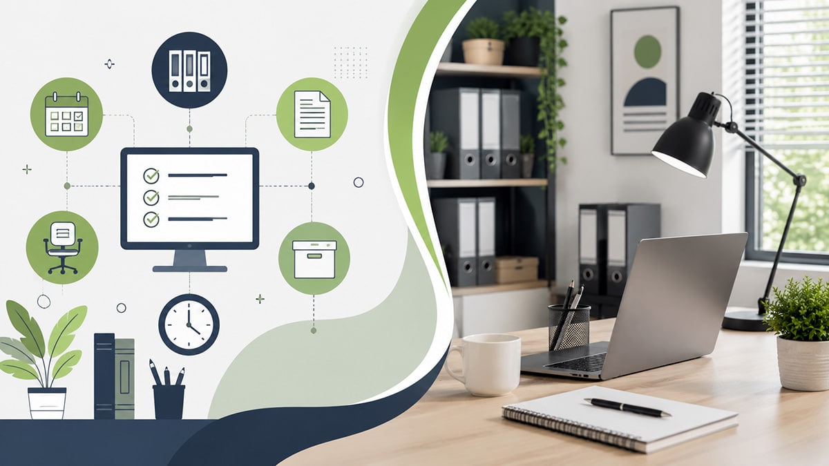 Split-style office feature image combining vector productivity systems with an organised desk workspace, laptop, storage, and office planning tools.