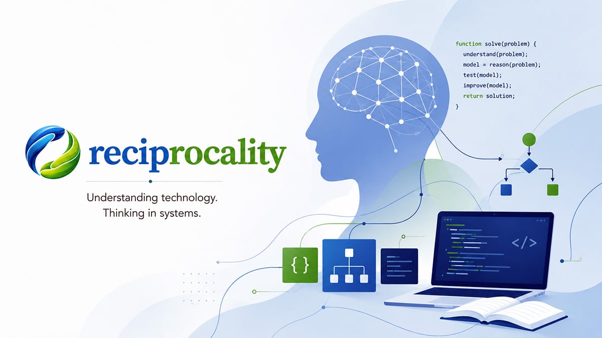 Vector-style Reciprocality feature image showing technology systems, programming concepts, software diagrams, and human-centred computing thought.